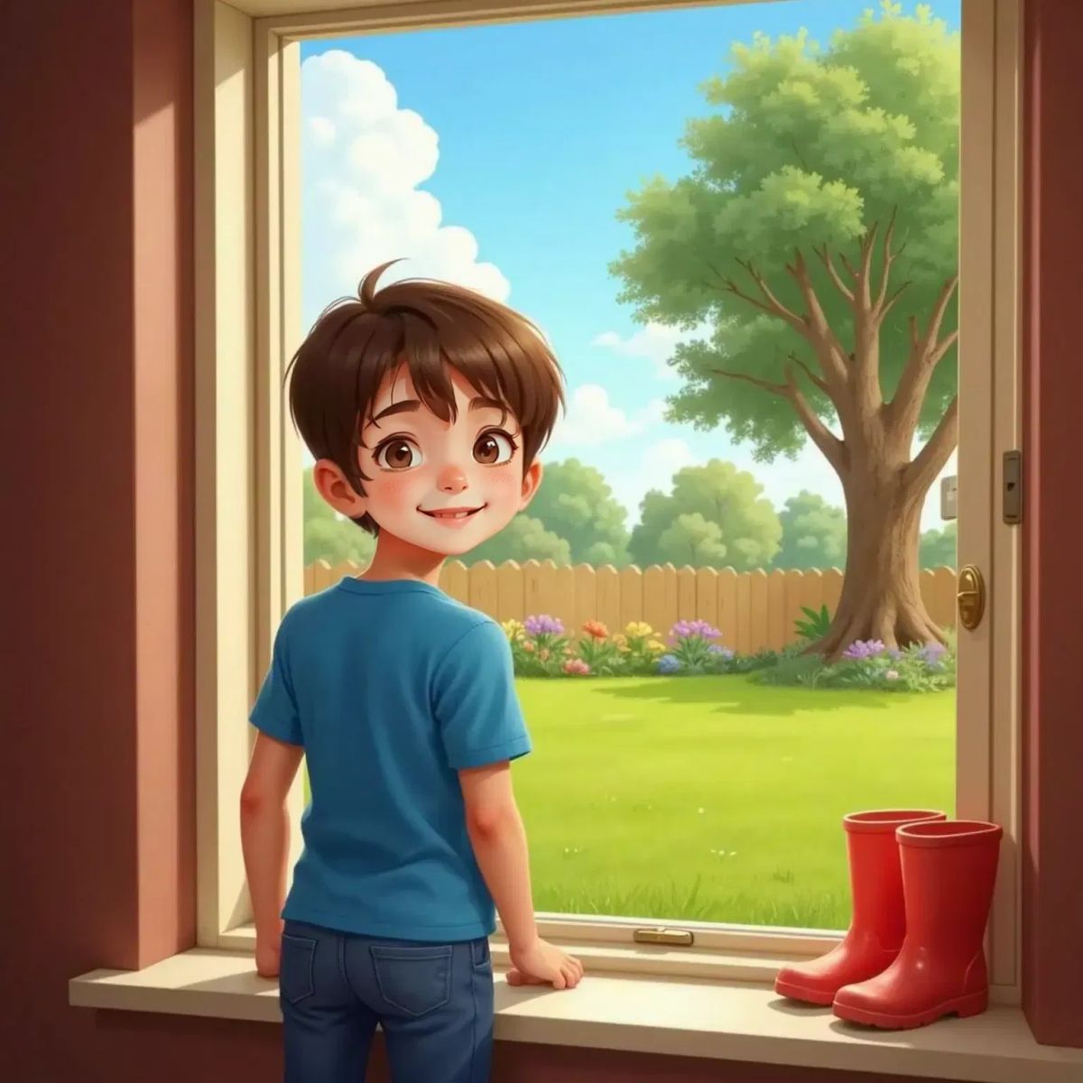 Timmy, smiling and excited, looking out his bedroom window at a sunny backyard. His boots are by his side.
