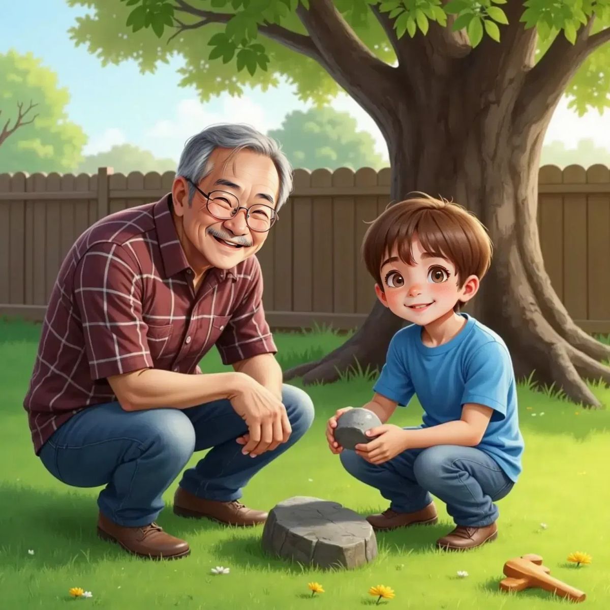 Grandpa, a 65-year-old man with gray hair and glasses, smiling as he kneels beside Timmy in the grassy backyard. Timmy is holding a rock, both looking at it closely.