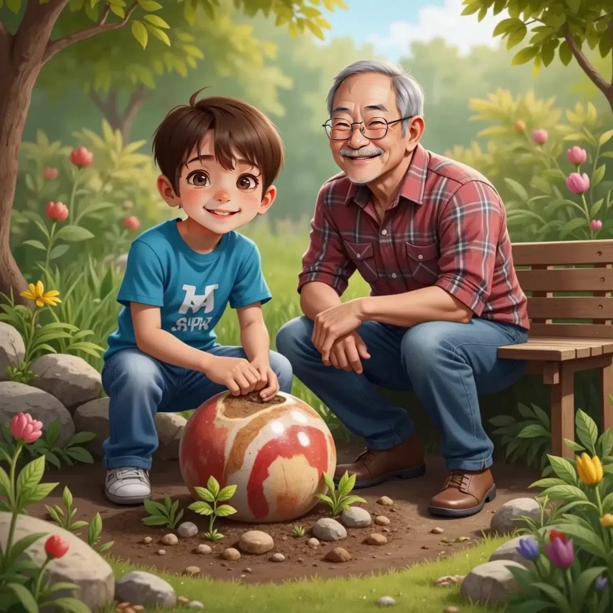 Timmy holding a smooth, colorful stone with wide, curious eyes. Grandpa, smiling gently, sits nearby. Rocks and soil scattered around them.