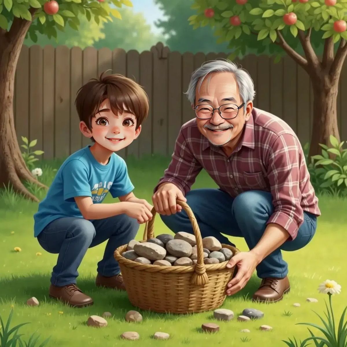 Timmy grinning, holding a basket filled with rocks of various shapes and colors. Grandpa kneeling beside him, looking pleased. Backyard setting.
