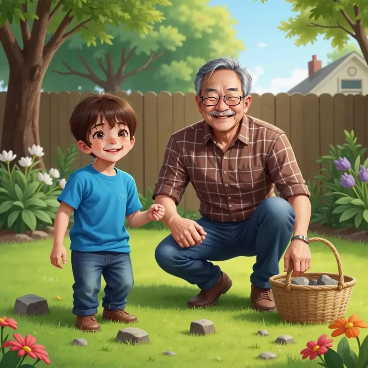 Timmy and Grandpa searching the backyard together, each holding a rock. Both are laughing, with rocks and a basket on the grass.