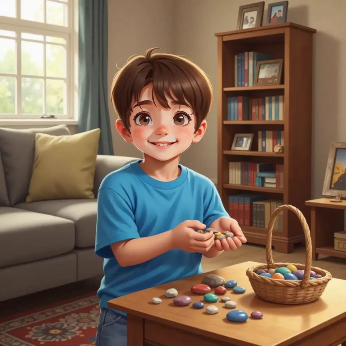 Timmy proudly showing his rocks to two smiling parents in the living room. A small basket of rocks on the table.