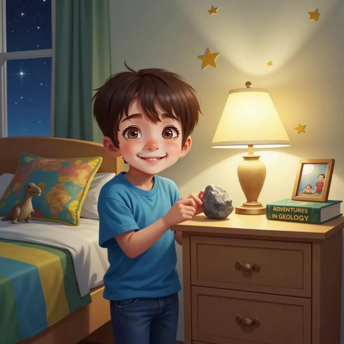 Timmy, sleepy but happy, placing a shiny mineral rock on his nightstand beside his bed. A soft lamp glows in the cozy bedroom.