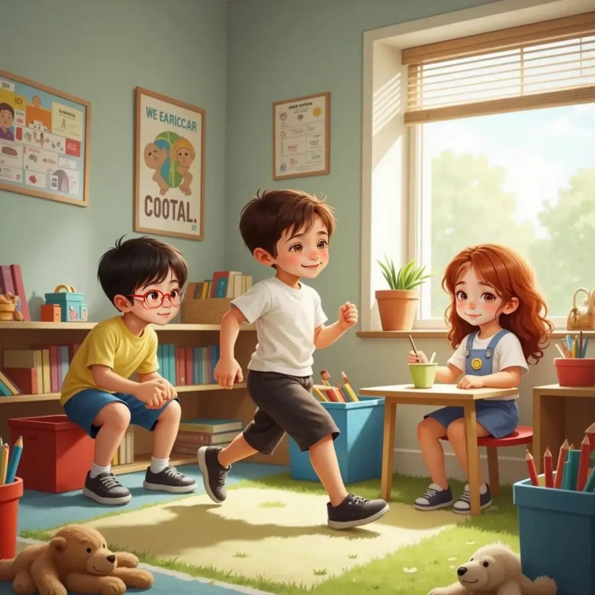Miko sitzt ruhig und lächelt leise. Leni fragt freundlich, Tom hört gespannt zu. Kita-Ecke mit Kuscheltieren und Büchern im Hintergrund.