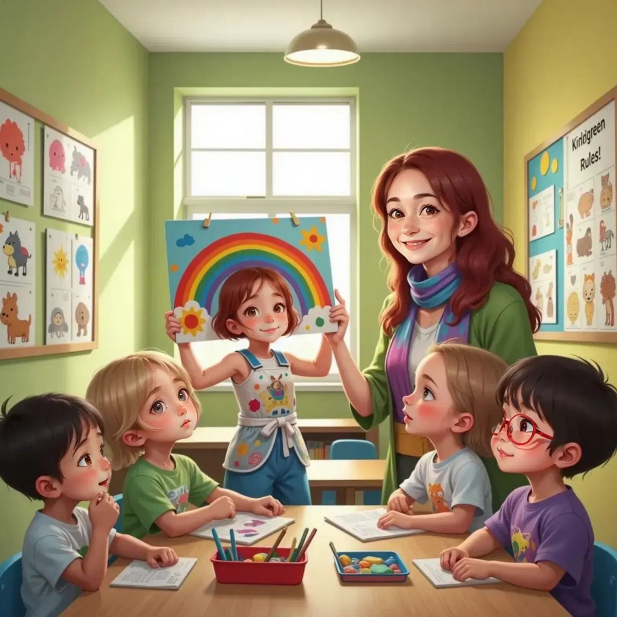 Leni hält stolz ein buntes Bild mit Regenbogen und vielen Tieren hoch. Tom und Lotta staunen, Miko nickt lächelnd. Frau Schmidt hängt das Bild an die Wand.
