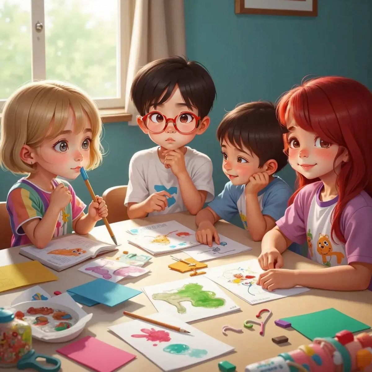 Die vier Kinder sitzen zusammen am Tisch mit Bastelsachen. Lotta malt, Tom schaut aufgeregt, Miko denkt nach, Leni zeichnet Tiere. Bunte Bastelmaterialien auf dem Tisch.