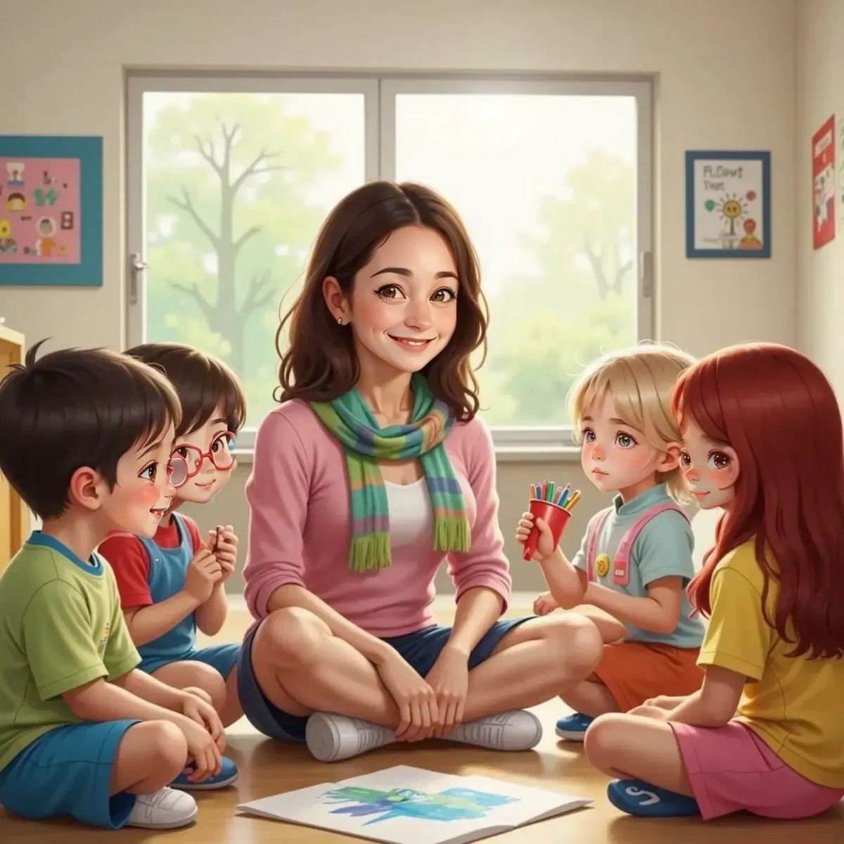 Alle Kinder und Frau Schmidt sitzen im Abschlusskreis. Tom lächelt, Lotta denkt nach, Miko wirkt zufrieden, Leni hält ein Bild hoch. Ein heller Raum mit Fenstern.