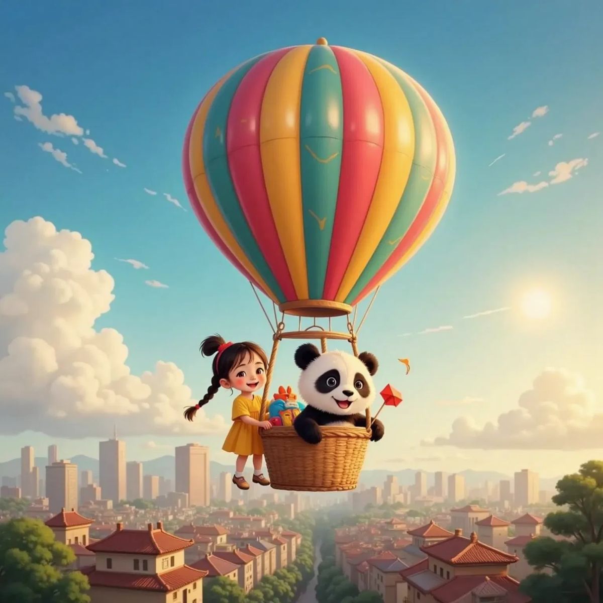 Mei Mei with a big grin and 宝宝 the chubby panda with sparkling eyes, both standing in a colorful hot air balloon basket floating above clouds. The sky is bright and cheerful, and the cityscape of Beijing is faintly visible below.