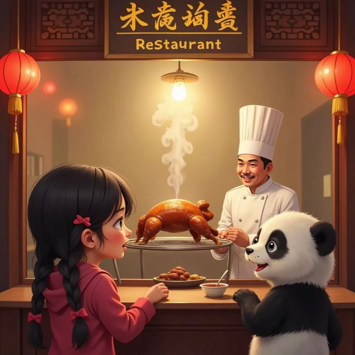 Mei Mei whispering beside 宝宝 the panda, both peeking into a restaurant window at a golden Peking Duck spinning on a rack. A chef with a tall white hat stands nearby, and a small bowl of sweet sauce is visible under his hat.