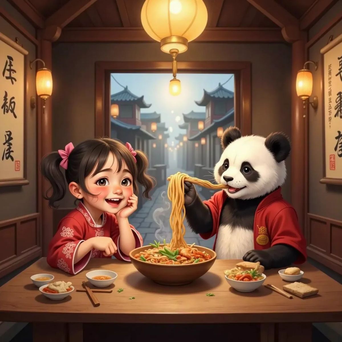 Mei Mei and 宝宝 the panda at a rustic Xi’an table, both slurping long Biangbiang noodles from large bowls. Mei Mei is laughing with cheeks puffed out, and 宝宝 holds up a noodle like a ribbon.