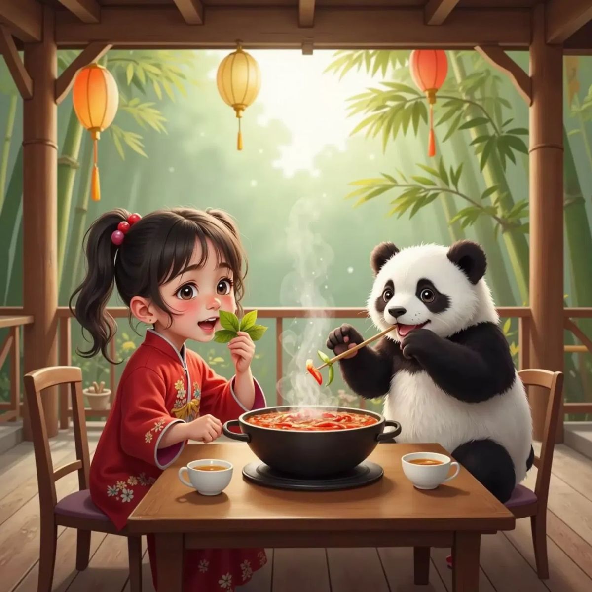 Mei Mei with watery eyes and 宝宝 the panda fanning his mouth, sitting at a table with a bubbling hot pot filled with red broth and floating chilies. Steam rises from the pot, and cups of tea are on the table.