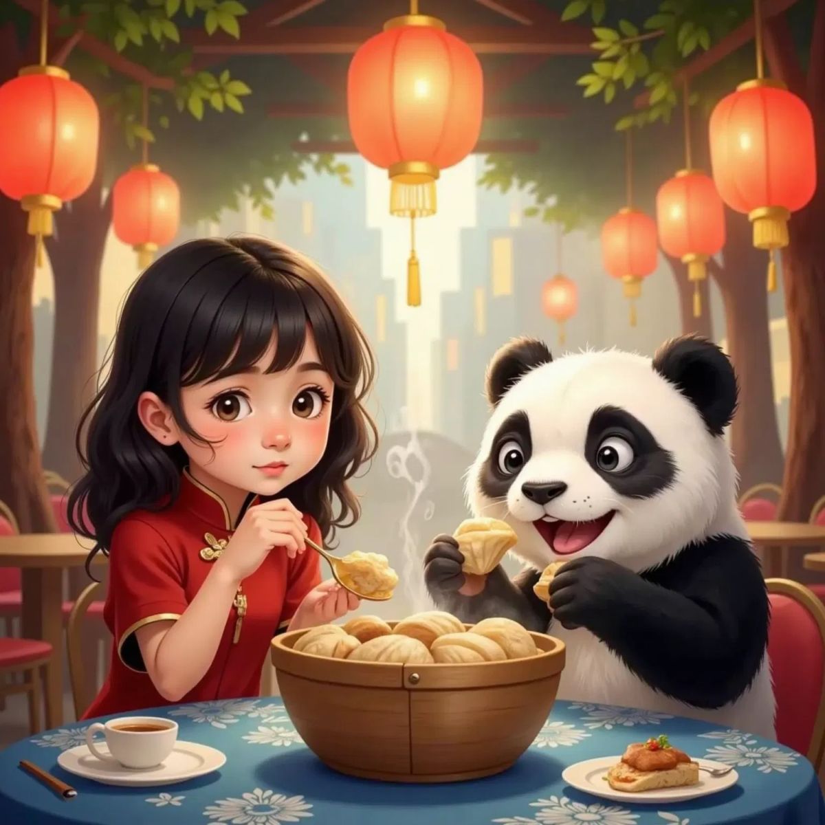 Mei Mei and 宝宝 the panda sitting at a Shanghai table with a steaming bamboo basket of Xiaolongbao. Mei Mei is carefully sipping soup from a dumpling, while 宝宝 smiles contentedly, holding a dumpling.