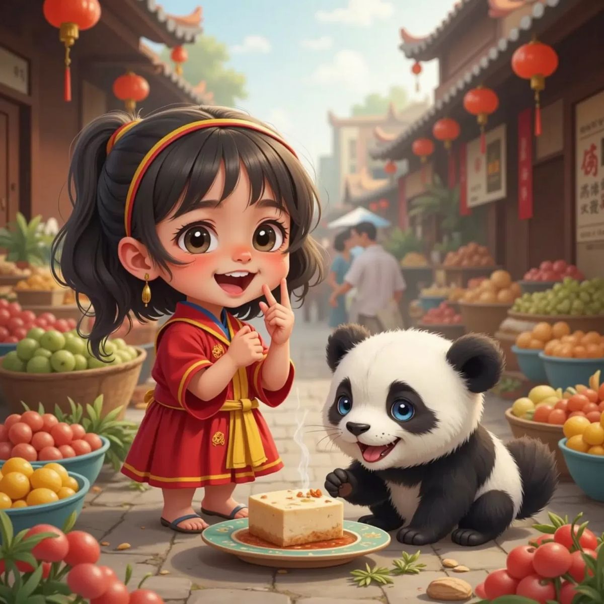 Mei Mei pinching her nose and laughing, while 宝宝 the panda bravely takes a bite of stinky tofu on a plate. The background shows a busy Hunan street market with colorful stalls.