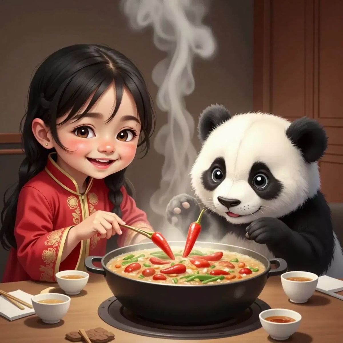 Mei Mei and 宝宝 the panda leaning over a bubbling Chongqing hot pot filled with bright red chili peppers. Mei Mei is giggling, and 宝宝 is pointing at the peppers, both with amused expressions.