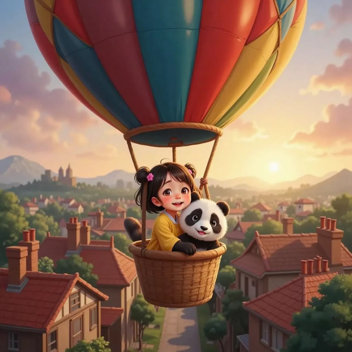 Mei Mei and 宝宝 the panda hugging in their colorful hot air balloon, floating above rooftops at sunset. Both are smiling and look content, with the balloon drifting toward home.