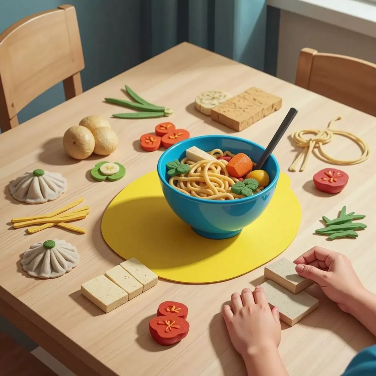 A blank table with colorful cutout ingredients—dumplings, noodles, tofu, and vegetables—scattered across it. A pair of hands is assembling a dish in a bowl, ready for a creative meal.