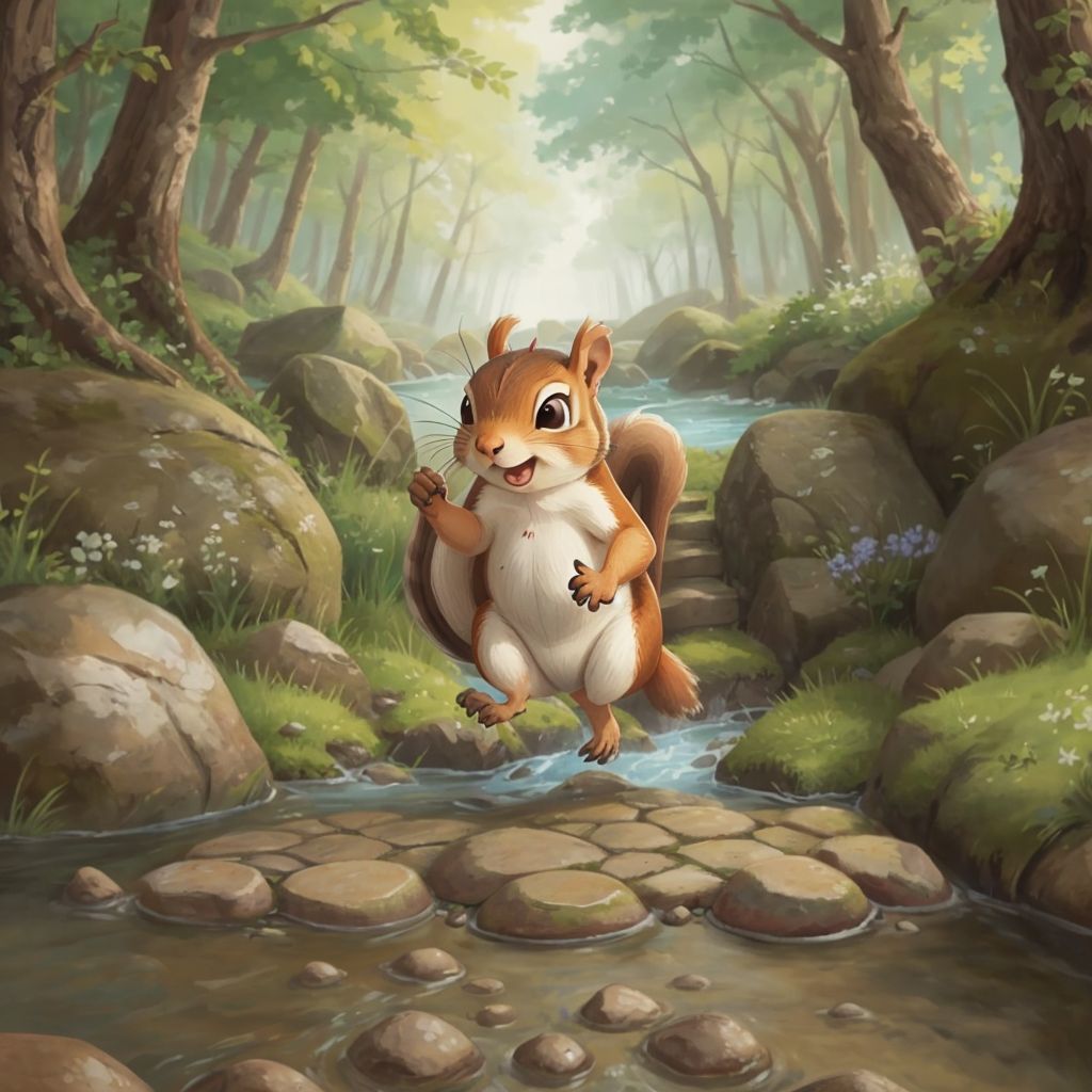 Nutty the squirrel crossing a river on stepping stones.