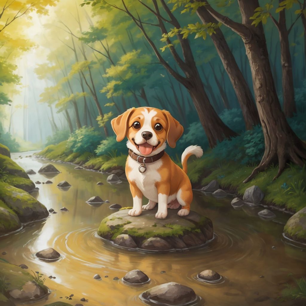 Johnny the dog standing confidently on a stepping stone in the middle of a sparkling river