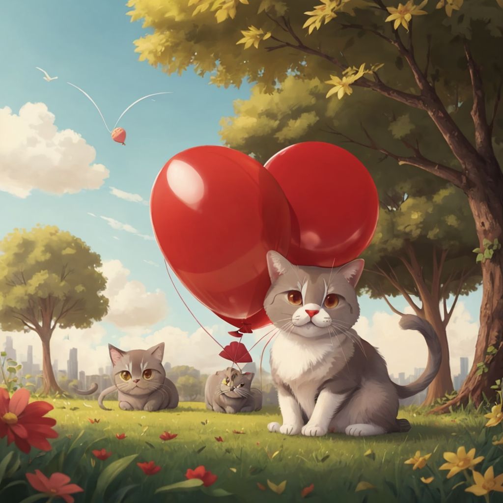 A bright red balloon landing on the grass in front of Kitty the cat
