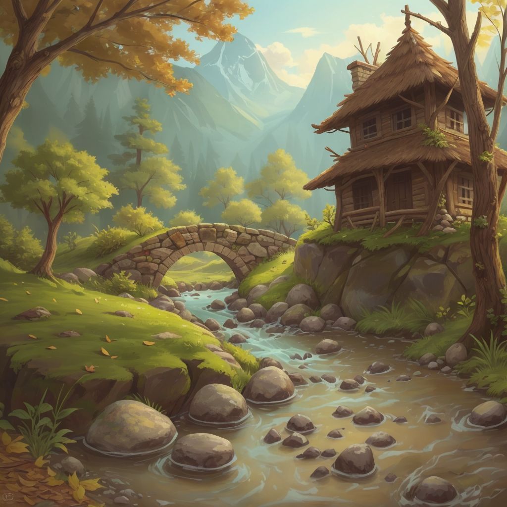 A stream with stones and a fort made of sticks and leaves in the background
