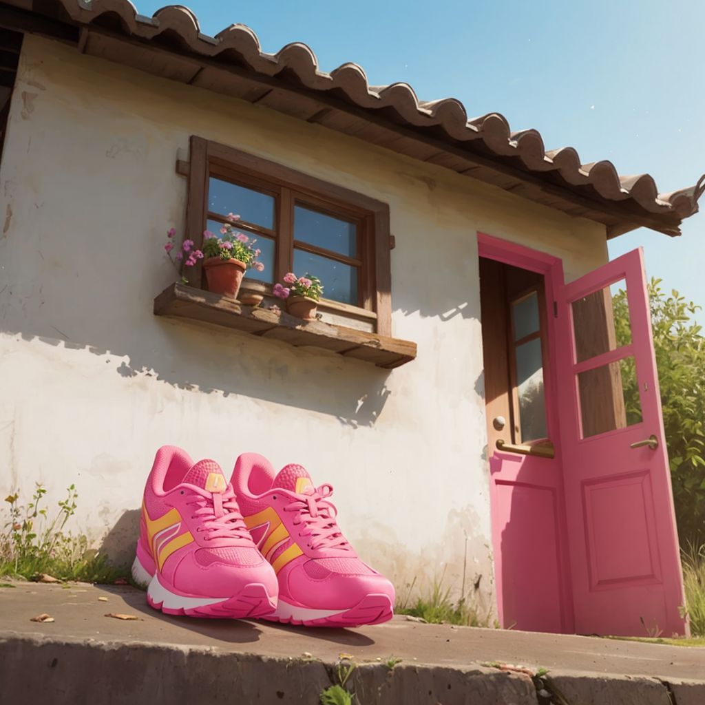 A pair of sparkly pink running shoes sitting unworn by a door. A window showing a sunny day outside.