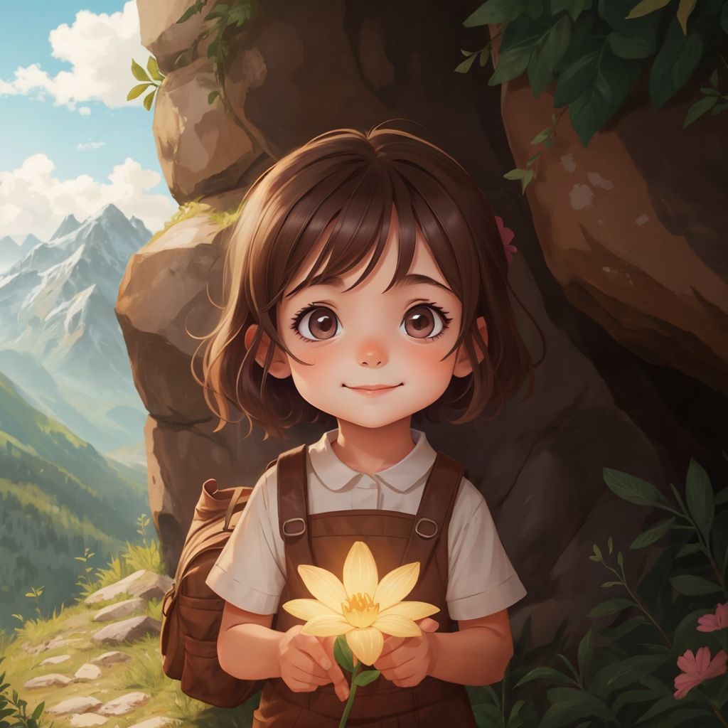 Antonia standing at the top of a mountain, smiling with tears of joy, a magical flower glowing in front of her
