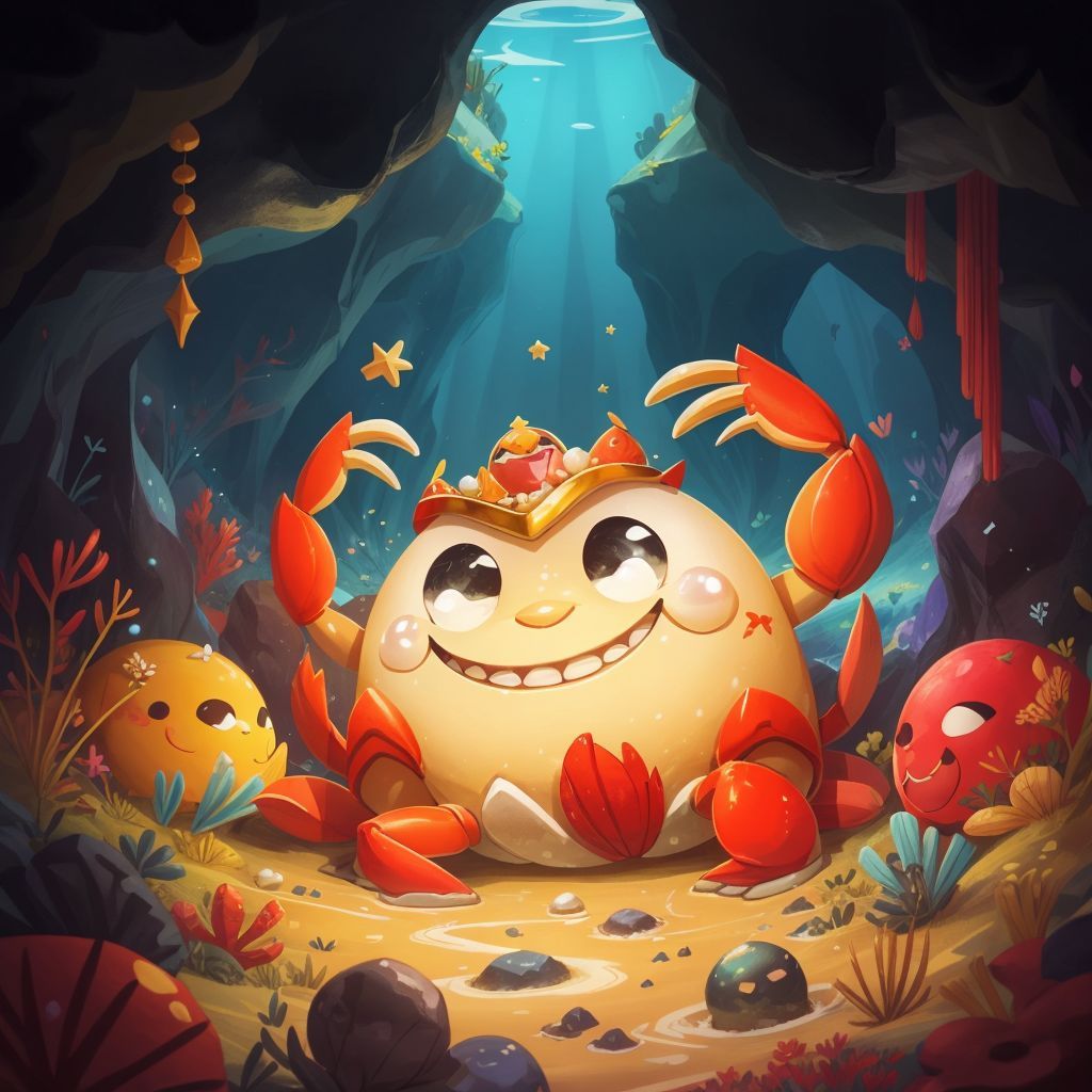A big crab smiling inside a cave filled with glowing pearls and sparkling jewels