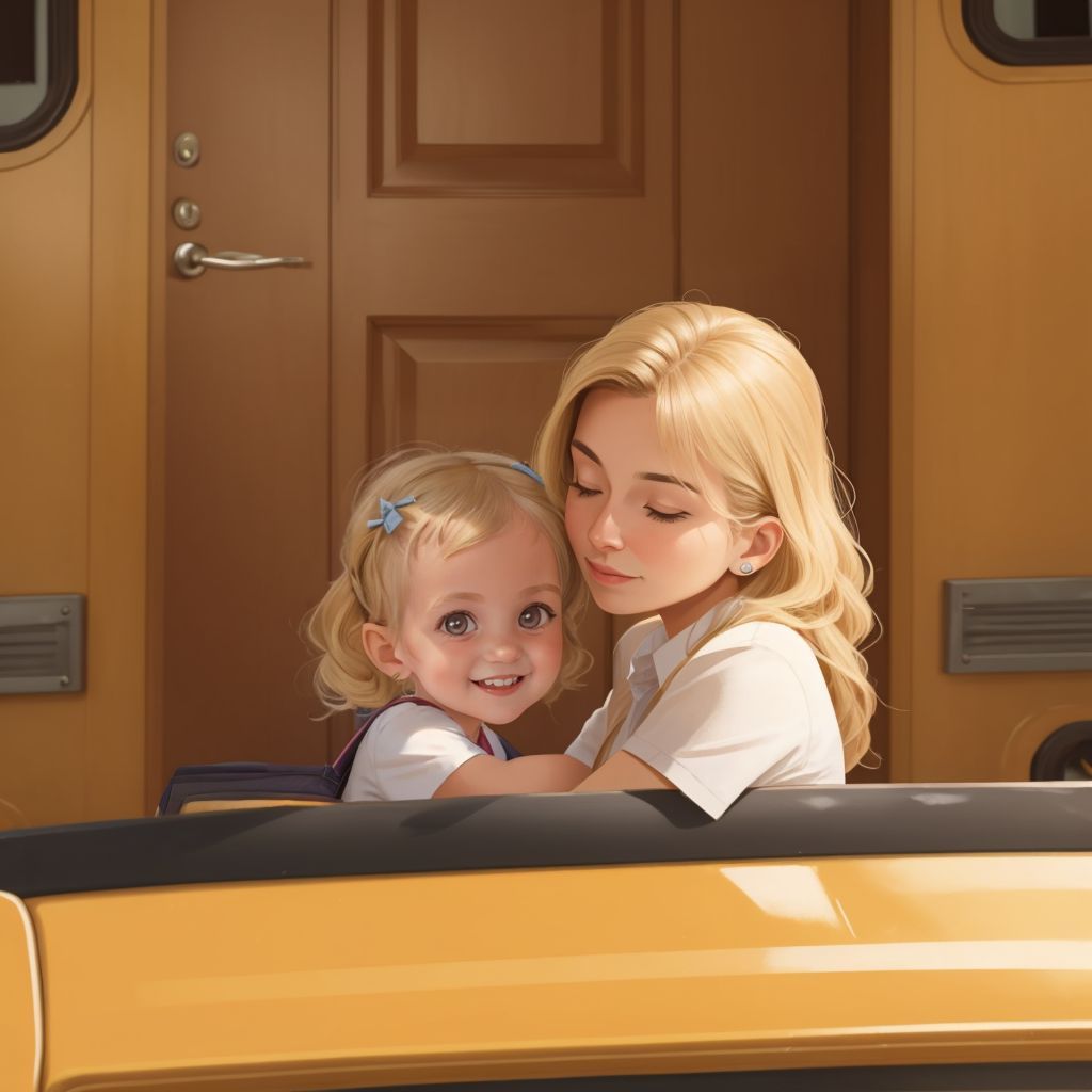 Kensie hugging her mom tightly in front of the big school doors with school buses lined up in the background