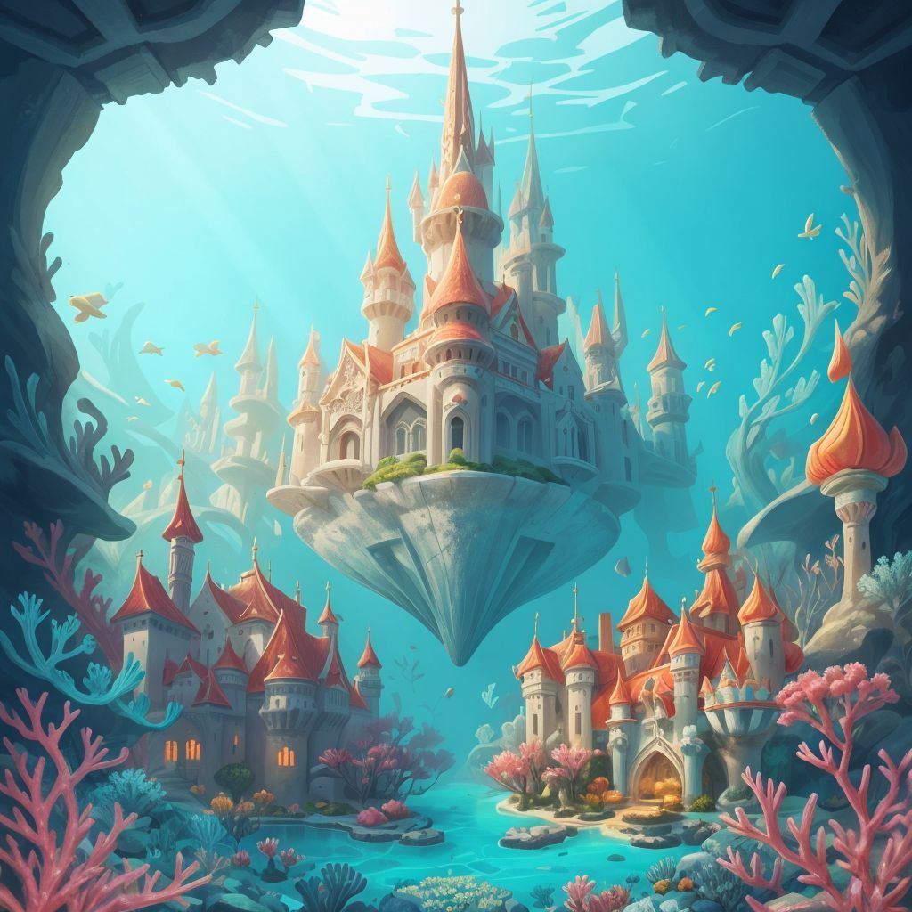 A magical underwater city with palaces made of shimmering shells and streets lined with coral