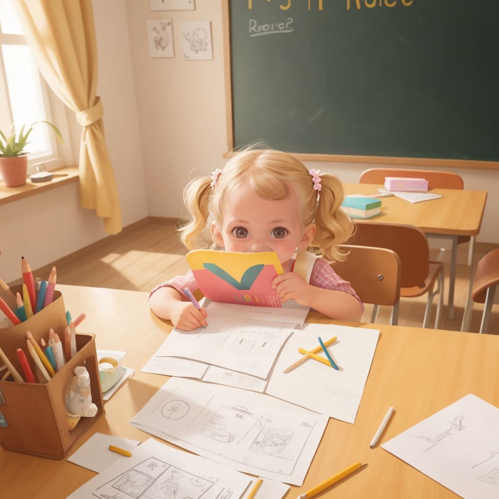 Kensie sitting at a table in the classroom, carefully coloring an alphabet paper with crayons