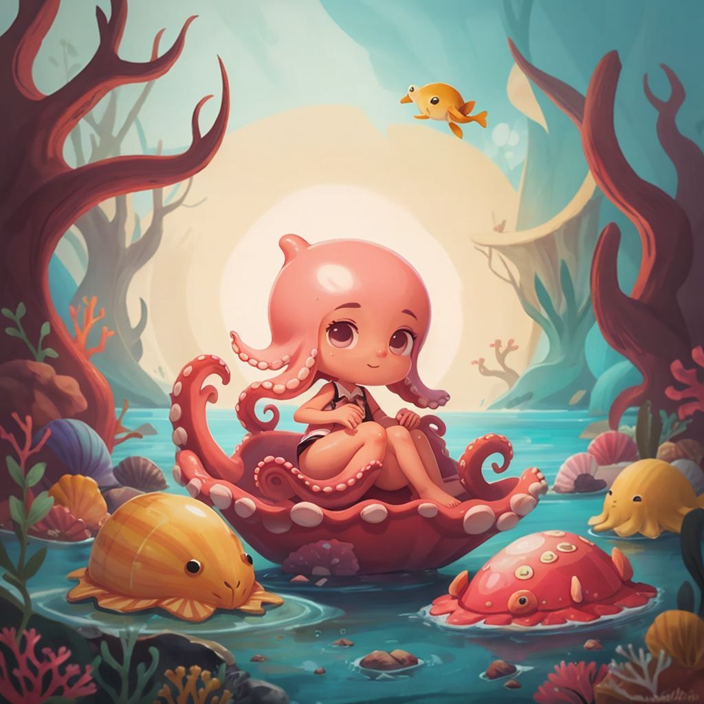 Octavia contemplating a plan, surrounded by colorful shells on the ocean floor