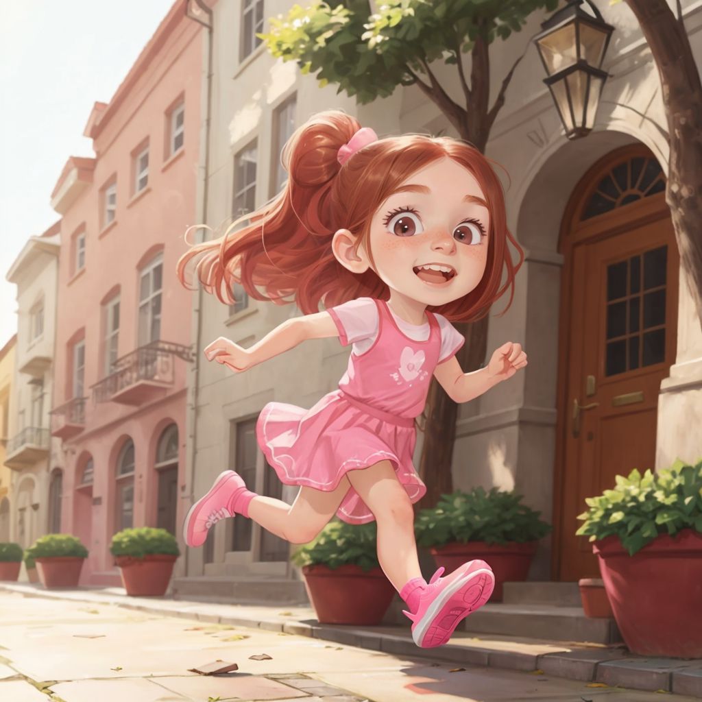 Grace running down a sidewalk with determination on her face. Sparkly pink running shoes bouncing ahead of her.