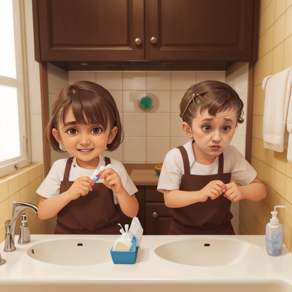 Emma and Benny at a sink, scrubbing their hands diligently with soap, looking focused