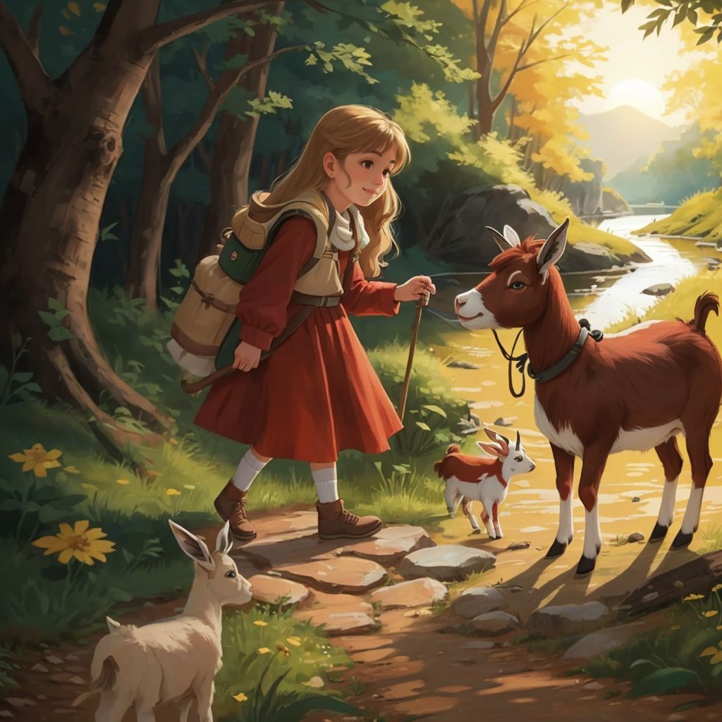 Amanda holding Rebel's hoof, guiding her gently. Trouble follows. The background shows a path through the woods with a setting sun casting a golden glow.