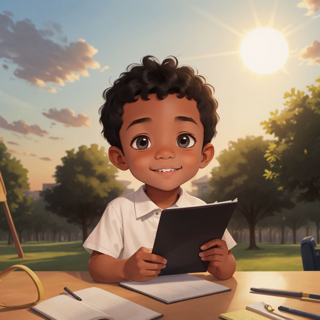 Ty with a joyful expression, counting scores on a notepad as the sun sets behind the park.
