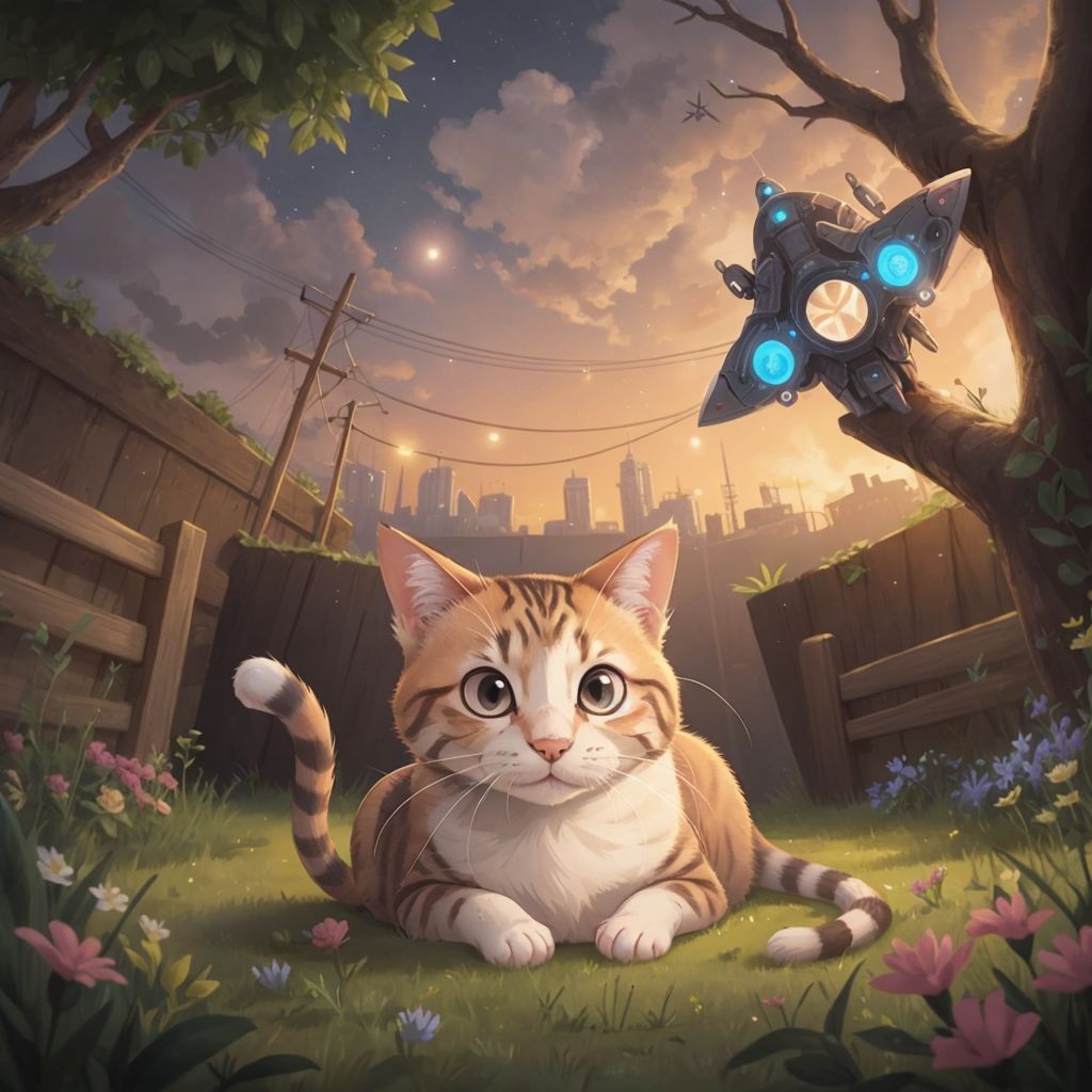 Whiskers the cat gazing at the night sky with a magical spaceship appearing in the backyard