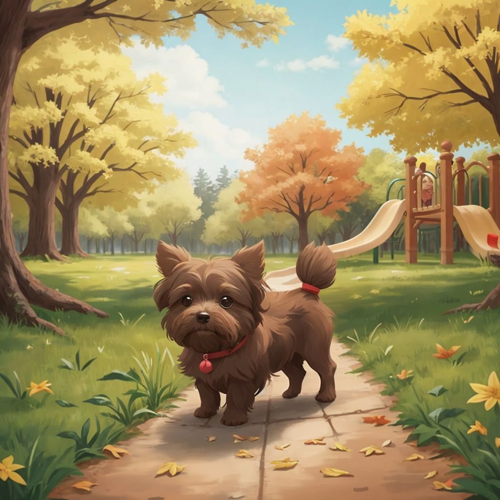 Huggy walking calmly in the park with trees and a playground in the background