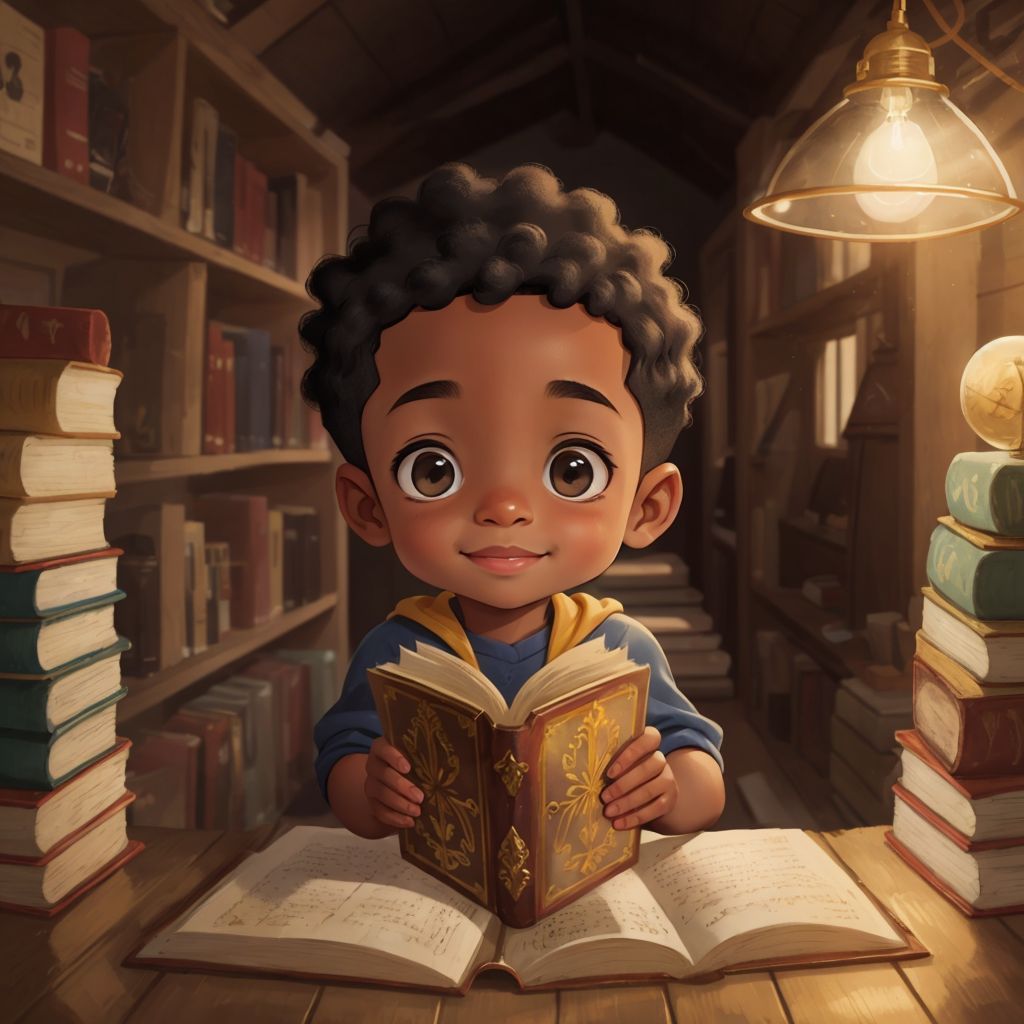 Za'Chari holding an old book with shiny golden letters in a dusty attic, a bright light illuminating his curious face.
