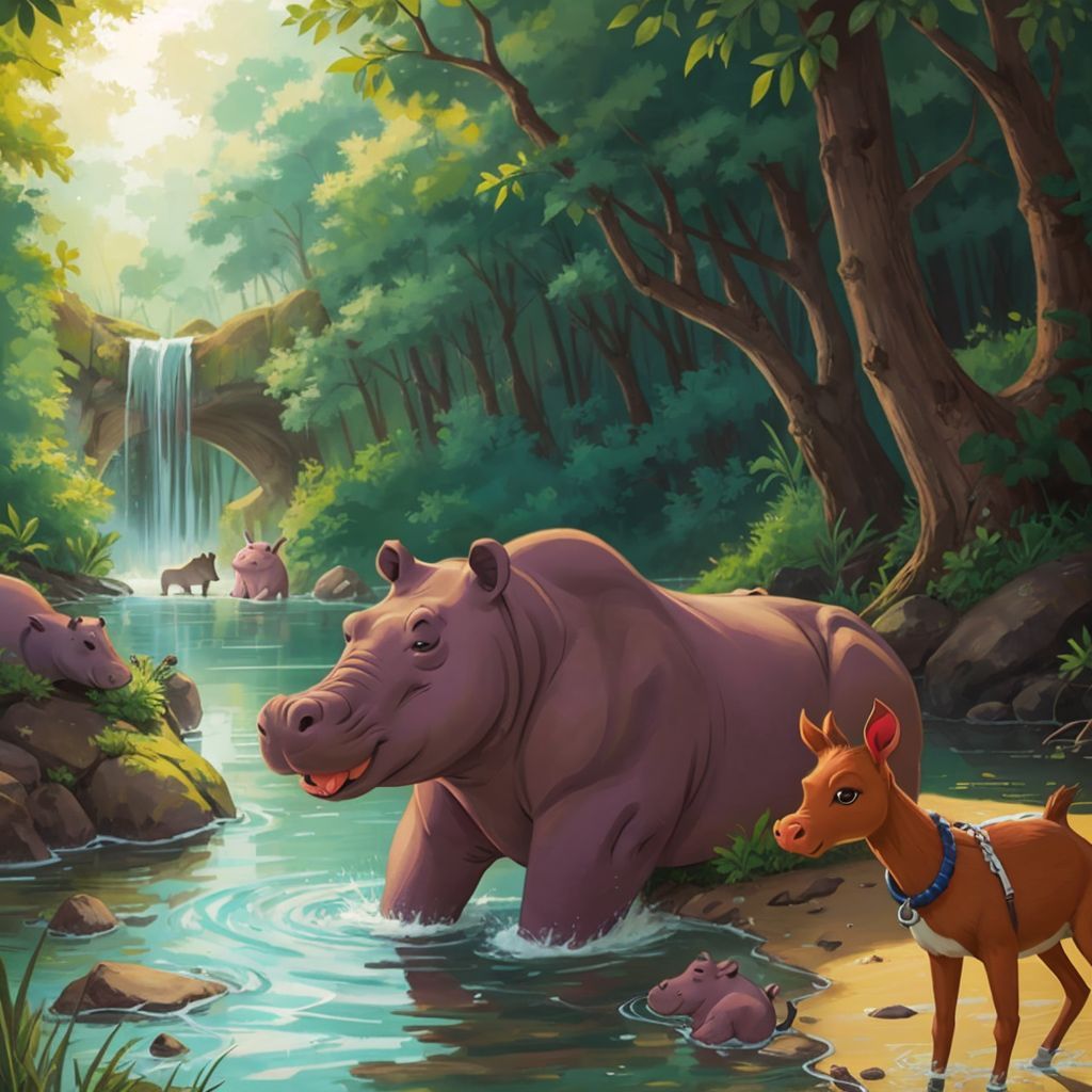 A huge hippo lounging in the water, with Trouble staring at it in fascination.