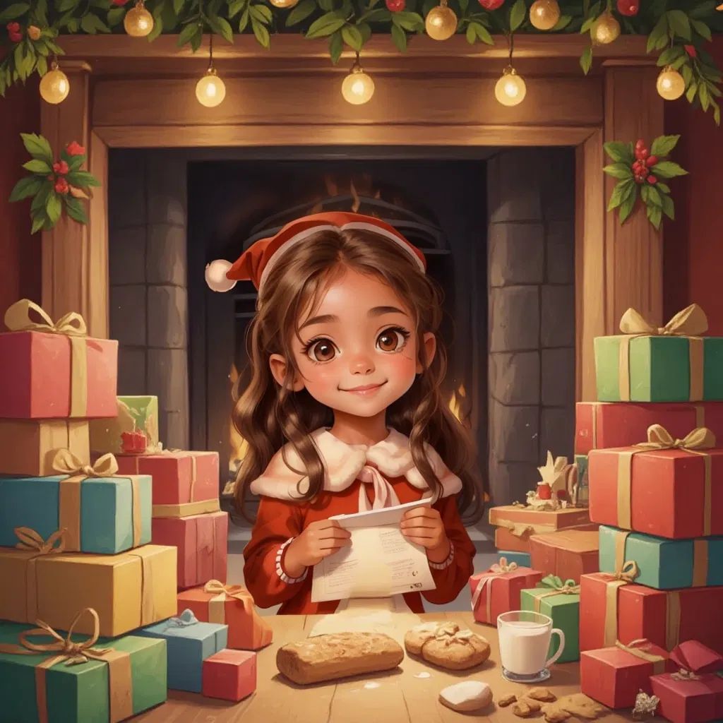 Sarah checking Santa's list, surrounded by presents, with a focused expression