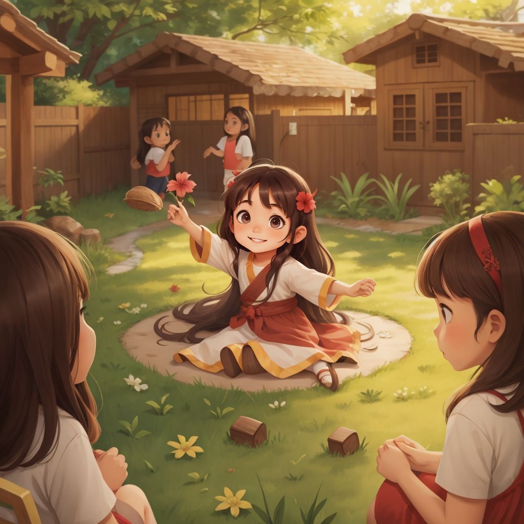 Hana playing in her yard peacefully with her neighbors, surrounded by a harmonious community
