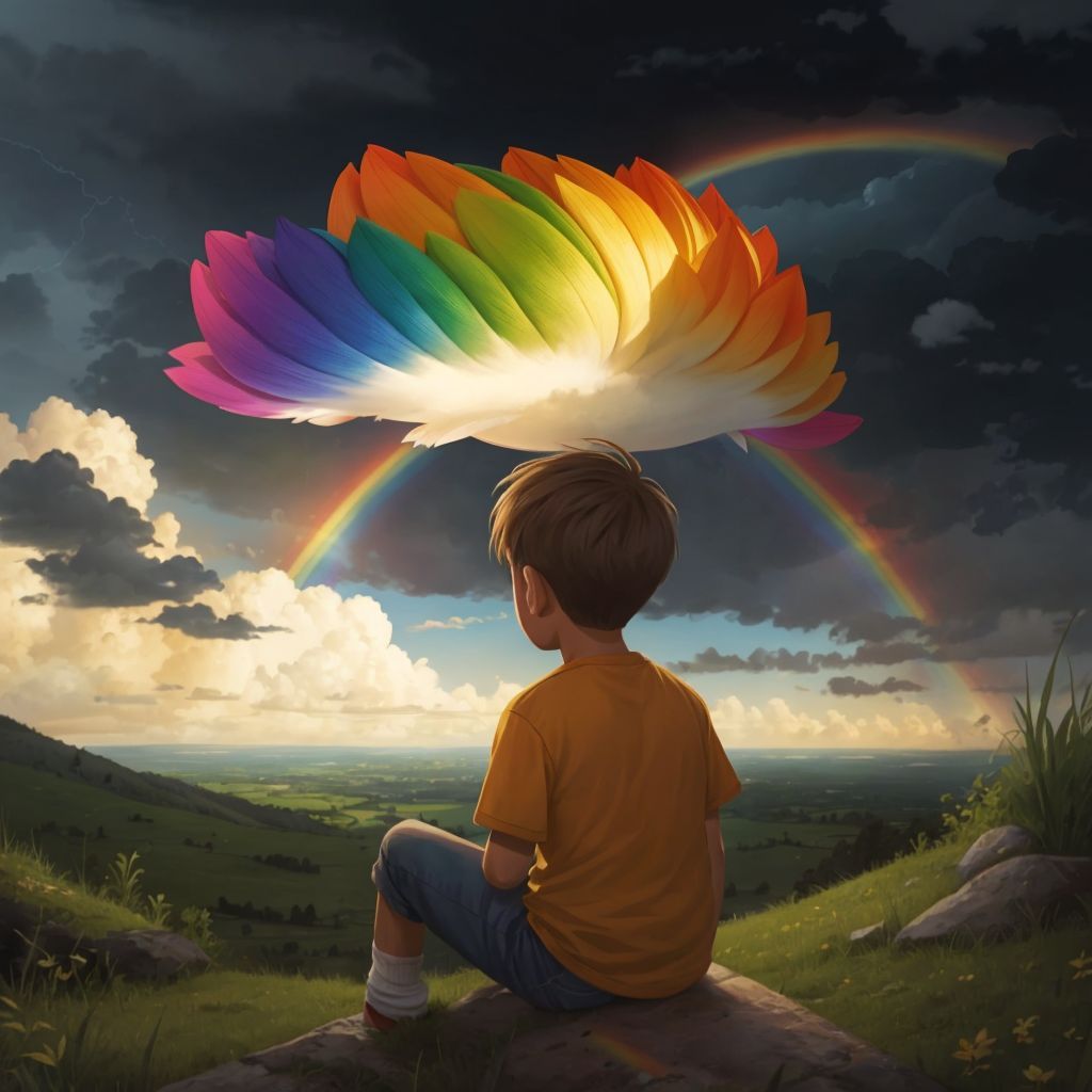 Tommy painting a vibrant rainbow in the sky while dark, menacing storm clouds hover nearby. The rainbow glows with magical energy.
