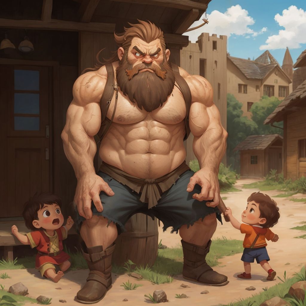 Grumpy the Giant playing with children in the village, his face full of joy