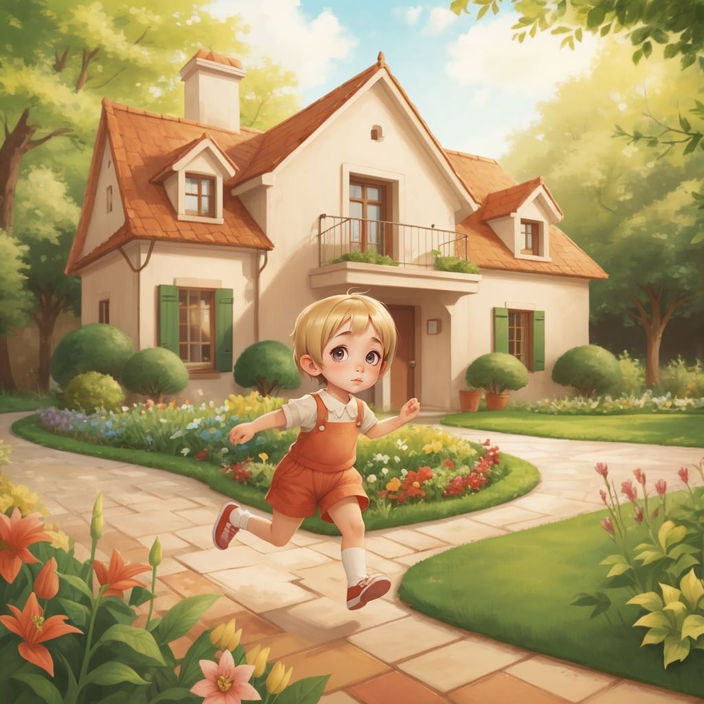 Alice running towards the garden in front of a big house