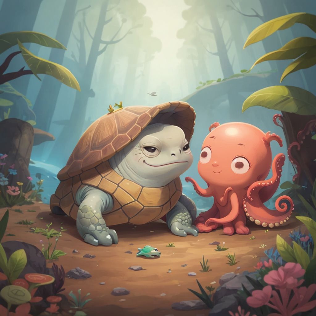 Nelly the wise old turtle smiling knowingly, talking to a curious Octavia