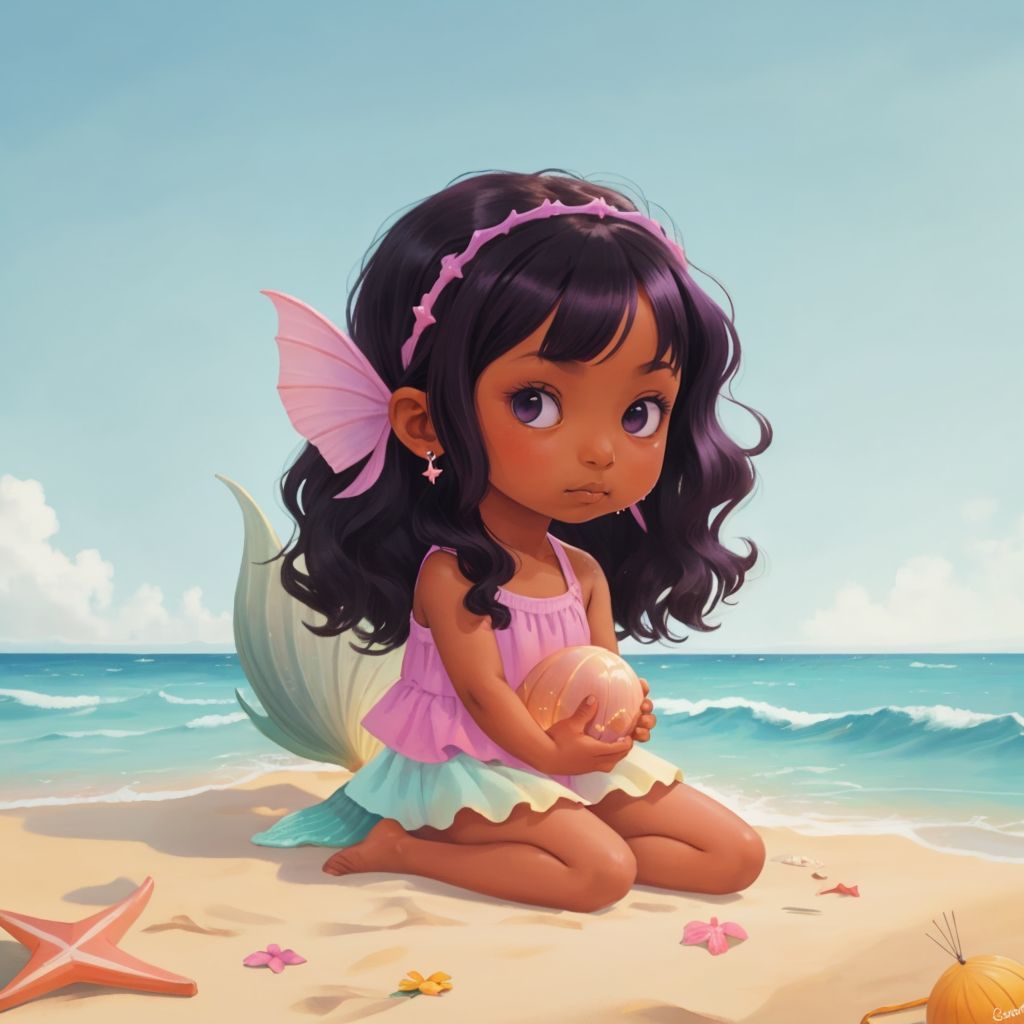 Kairo holding a glowing seashell on a sunny beach, with the ocean in the background