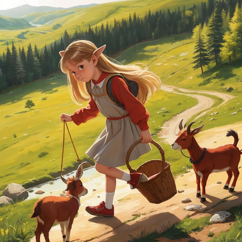 Amanda holding a picnic basket with Rebel jumping with joy, and Trouble following behind. The background shows a sunny day on a farm with a lake in the distance.