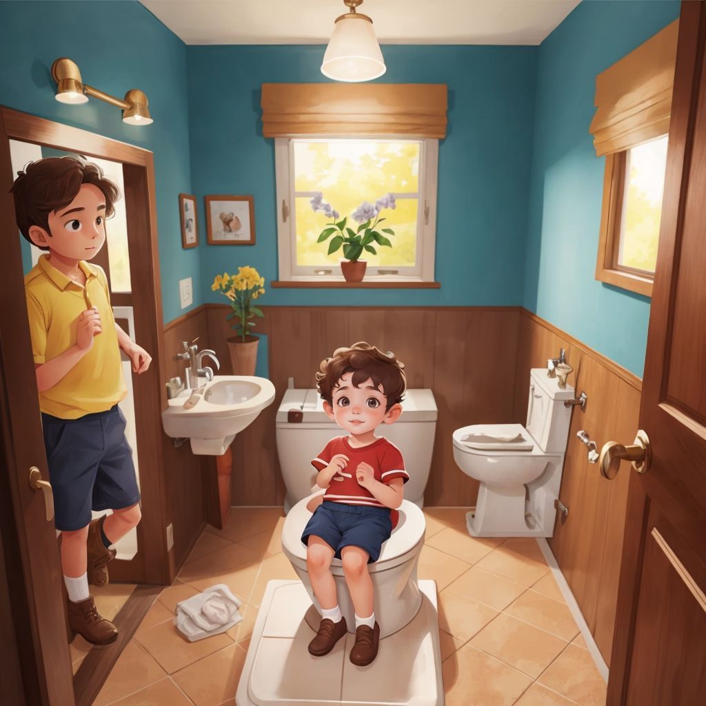 Sam sitting on the potty with a determined look, with Sam's Mum and Sam's Dad clapping at the bathroom door