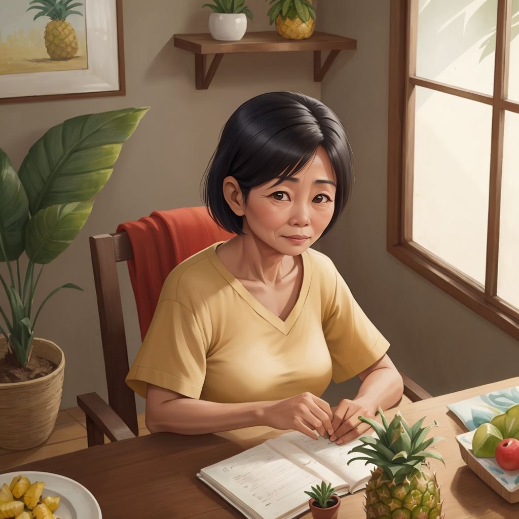 Aling Rosa tending to the pineapple plant with a sad but tender expression.