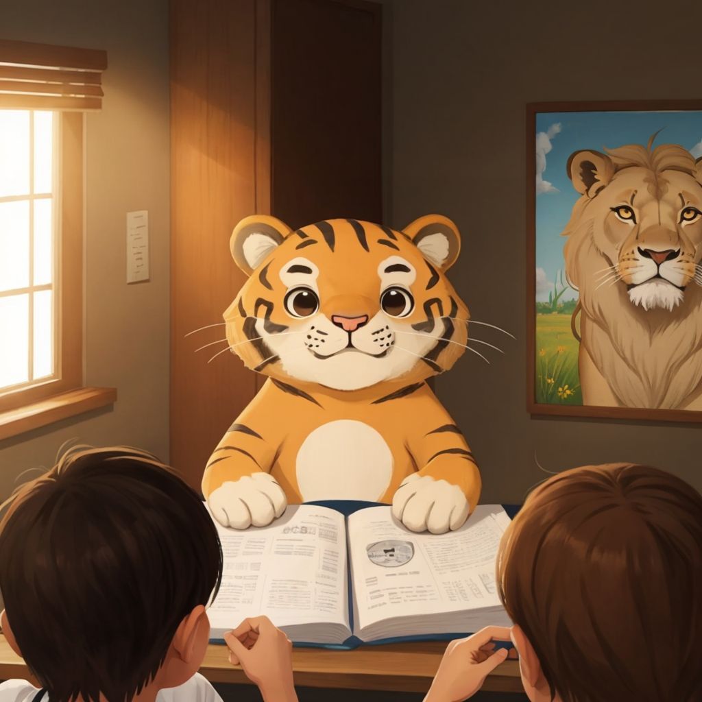 Jaden the nervous tiger reuniting with his class near the lion exhibit, looking relieved